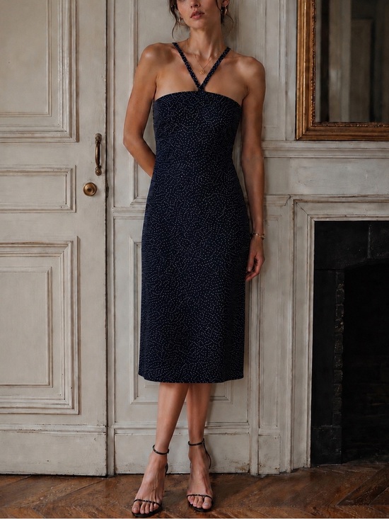Vintage Dresses & Skirts - Vintage 90s Navy Blue Micro Polka Dot Midi Dress Small Cocktail Party Chic Paris